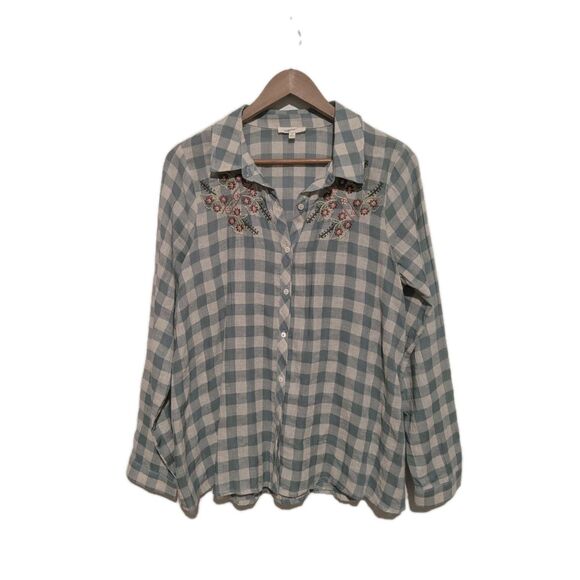 Mystree Emb Dusty Green L/S Gingham Plaid S Women's Button Front Woven Shirt - Picture 1 of 4